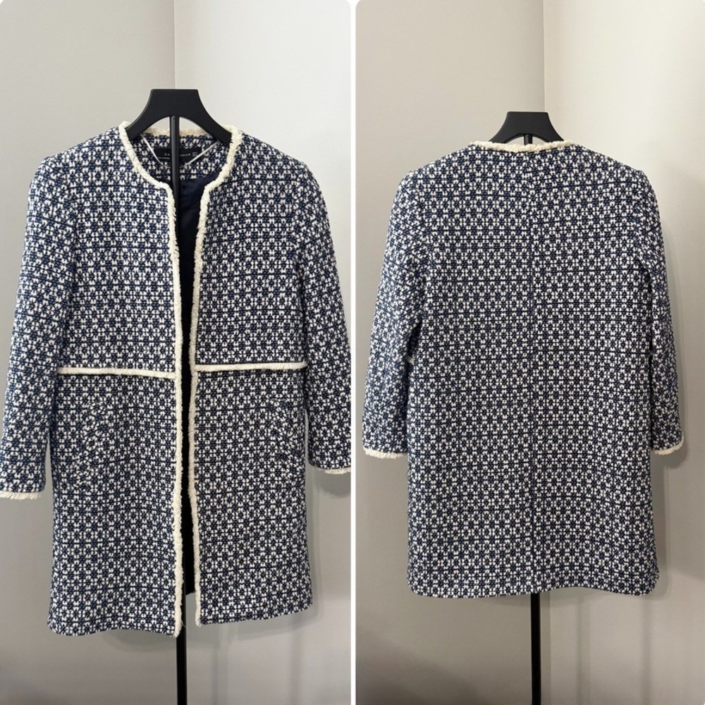 Zara Woman Jacket Women's Medium Blue White Tweed Boucle Fringe Long Coat